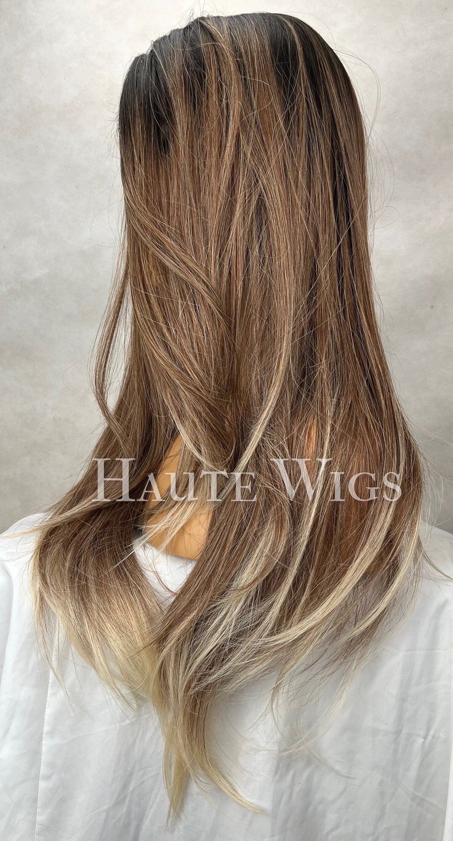 Flawlessly - Straight Layered Brunette Brown Wig Ash Blonde Highlights Hair Lace Front Straight Blonde Streaks Human Hair Blends