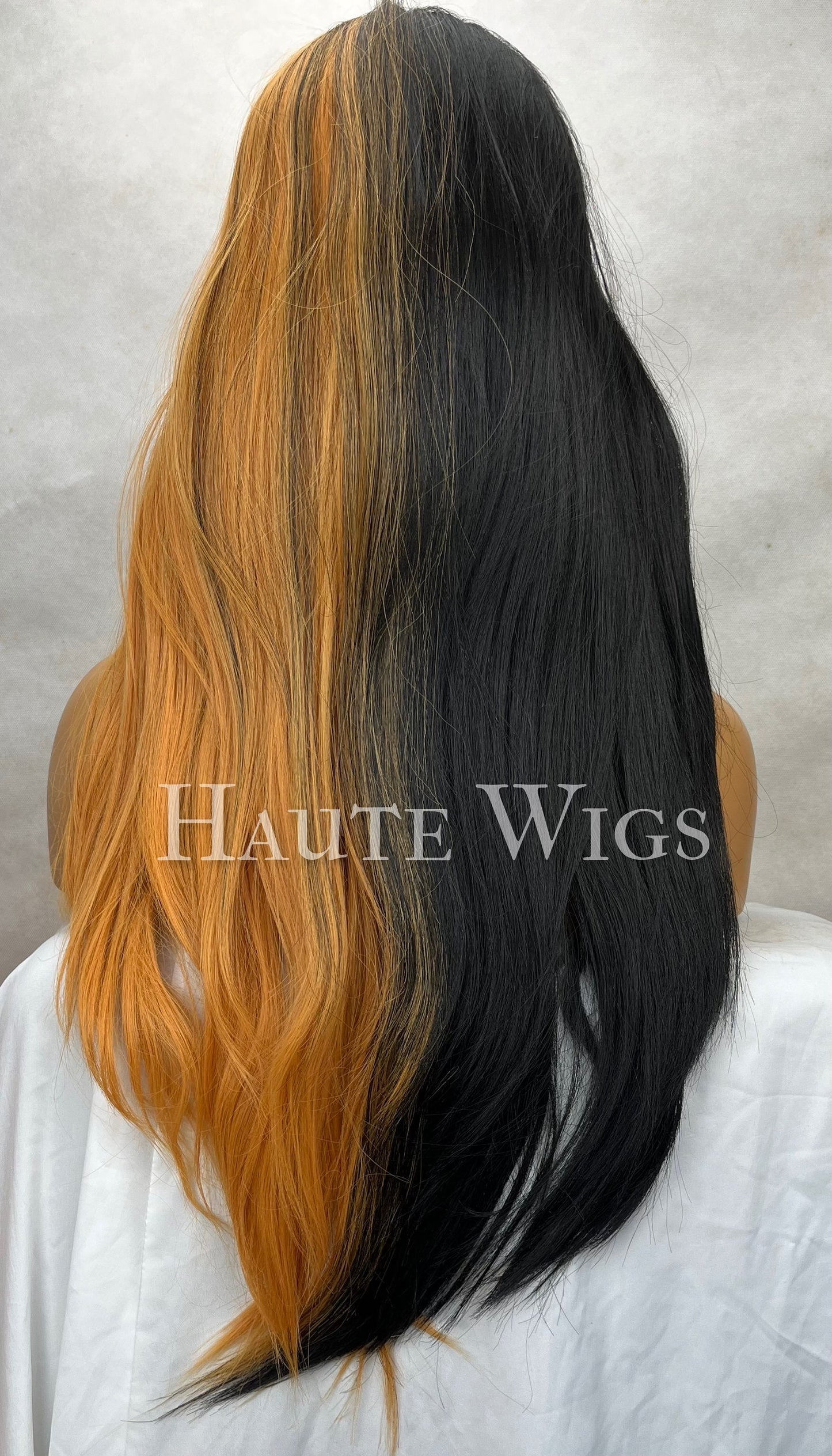 Straight And Narrow - 24 inch Half Black & Orange Wig unisex Hair Fringe Bangs Wavy gothic Gift for her Role Play Everyday Haute wigs goth