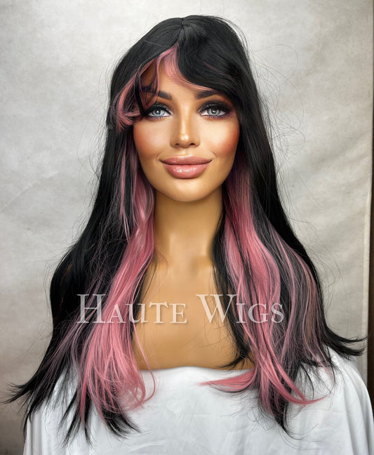 French Kiss - 24 inch Half Black & pink highlights Wig women’s Hair Fringe Bangs Wavy gothic Gift for her Role Play Everyday Haute wigs goth