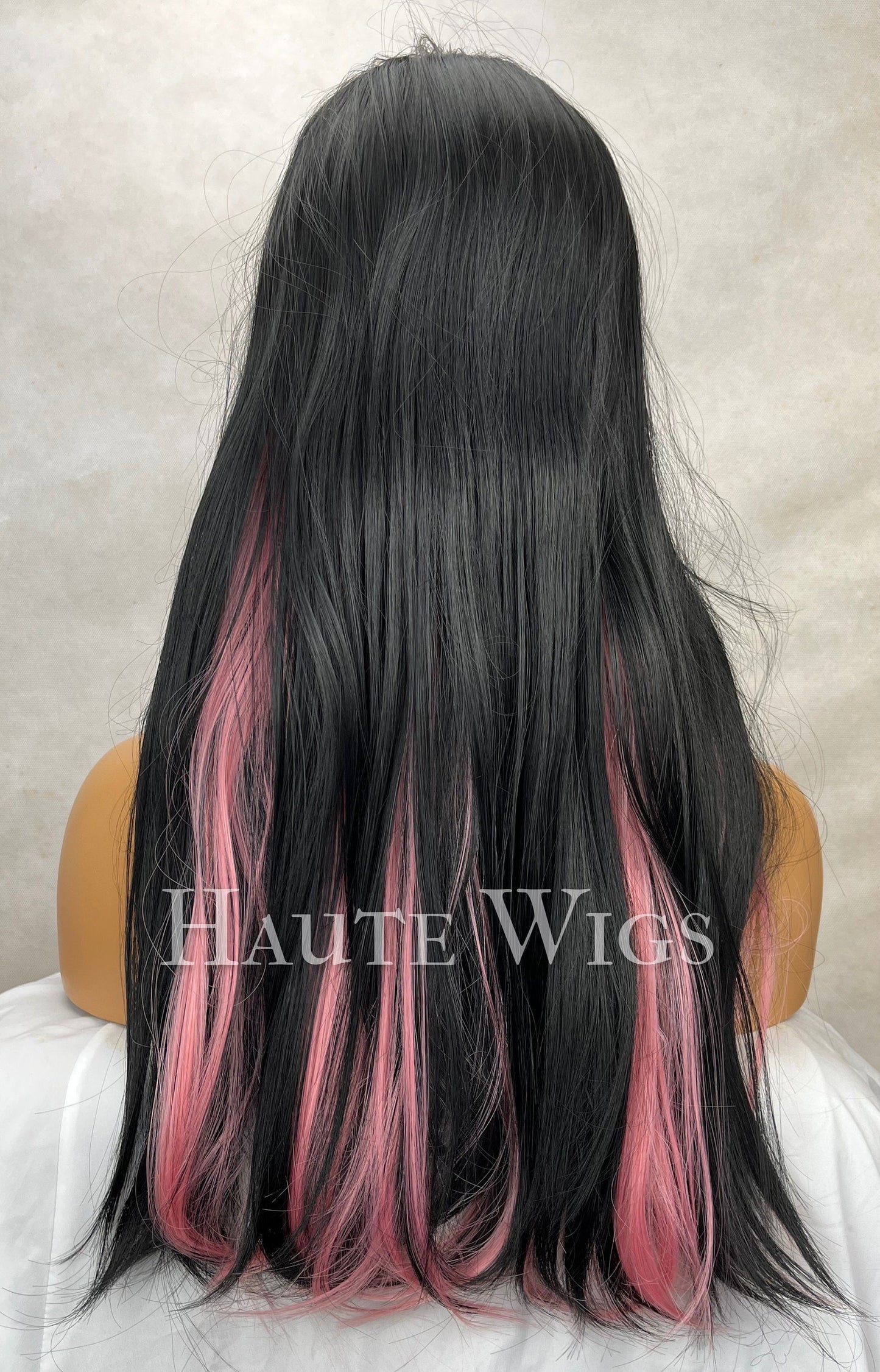 French Kiss - 24 inch Half Black & pink highlights Wig women’s Hair Fringe Bangs Wavy gothic Gift for her Role Play Everyday Haute wigs goth