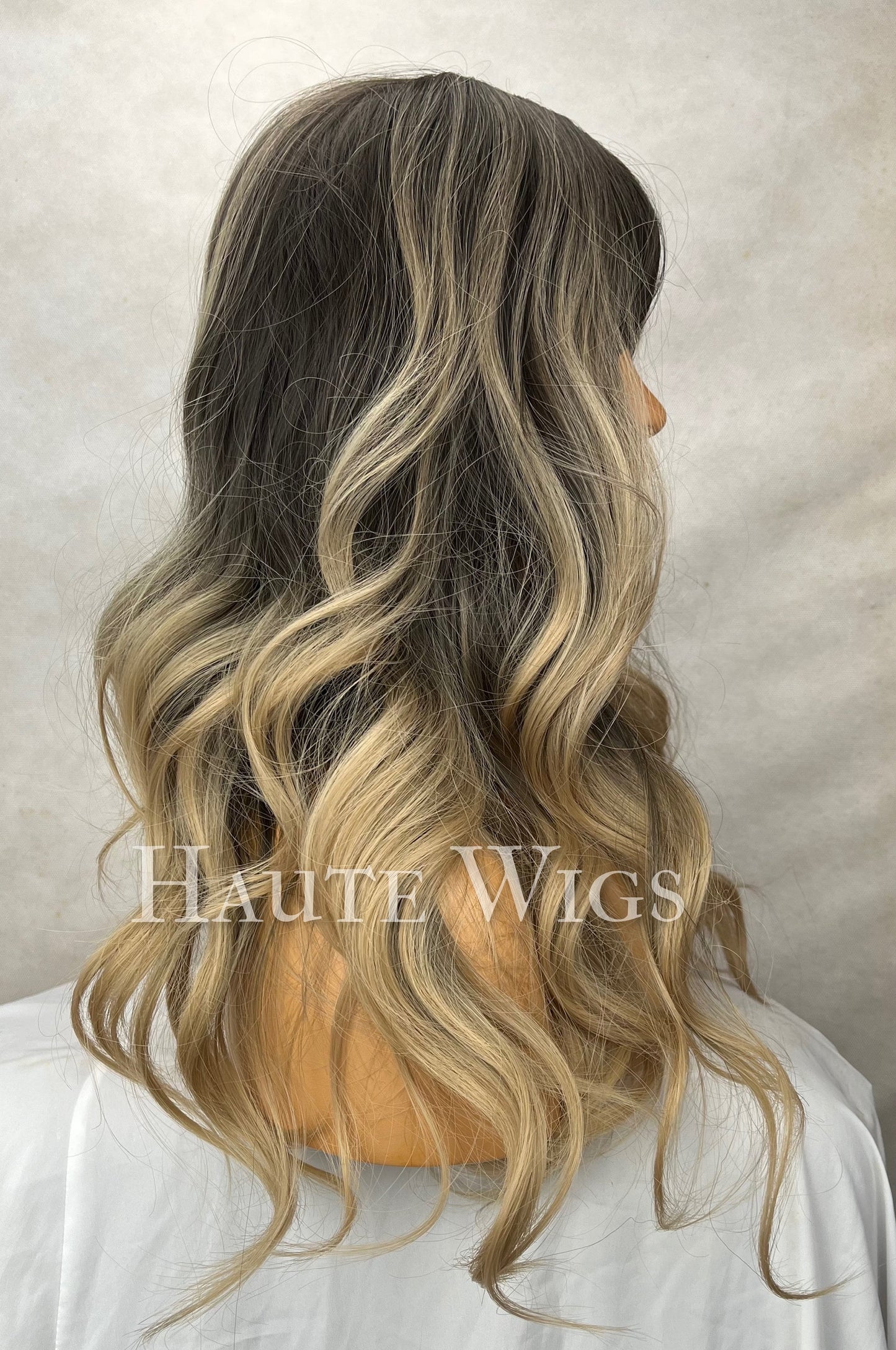 Gentle Love - Ash Blonde With Dark Brown Roots Balayage Highlights 20 Inch Wig Straight Layered NO Lace Front bangs Wig Gift for her