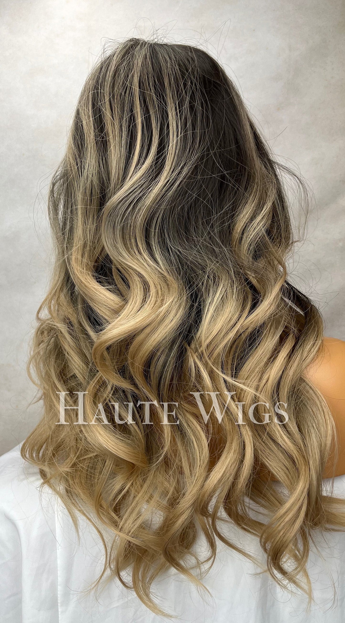 Gentle Love - Ash Blonde With Dark Brown Roots Balayage Highlights 20 Inch Wig Straight Layered NO Lace Front bangs Wig Gift for her