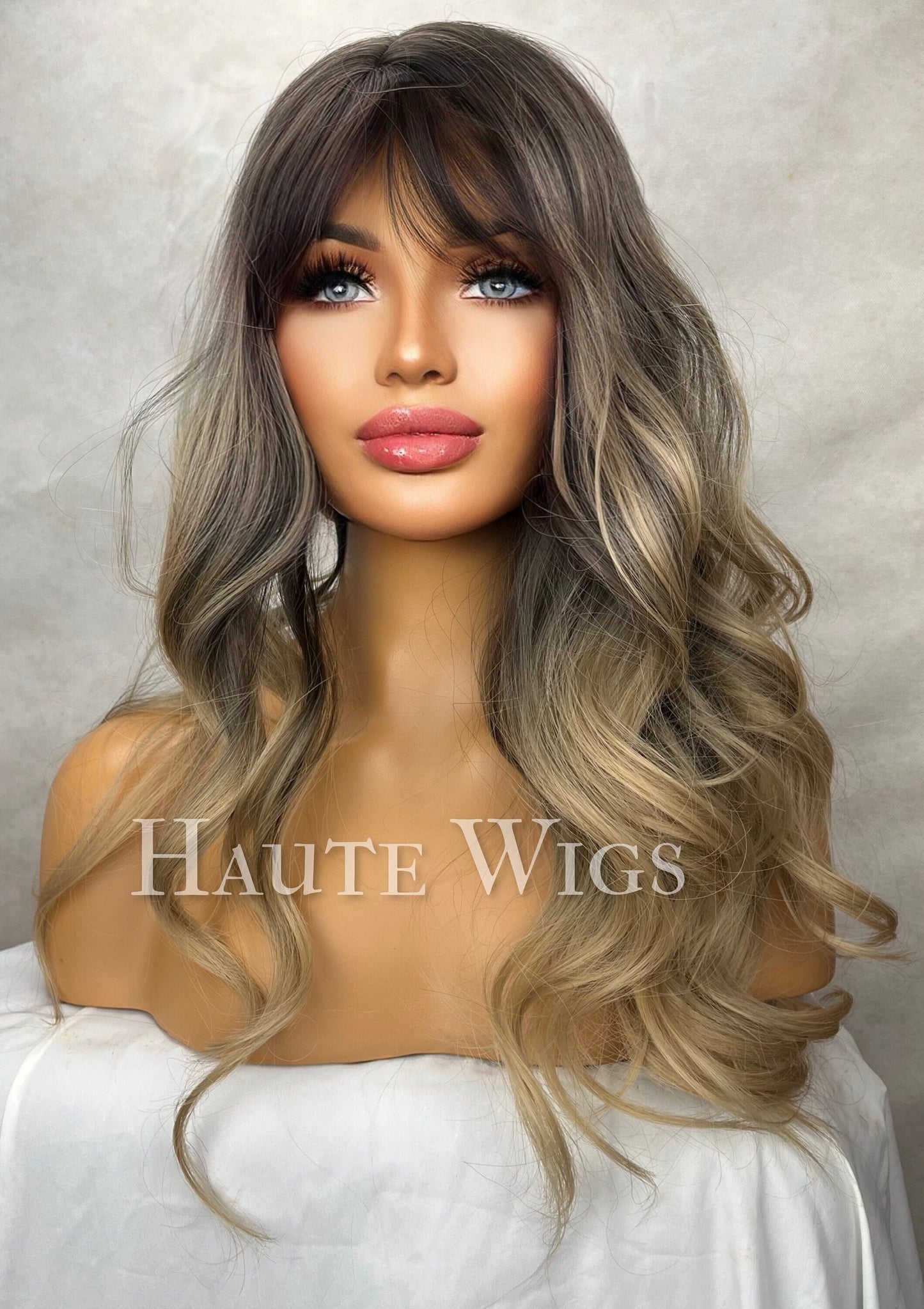 Gentle Love - Ash Blonde With Dark Brown Roots Balayage Highlights 20 Inch Wig Straight Layered NO Lace Front bangs Wig Gift for her