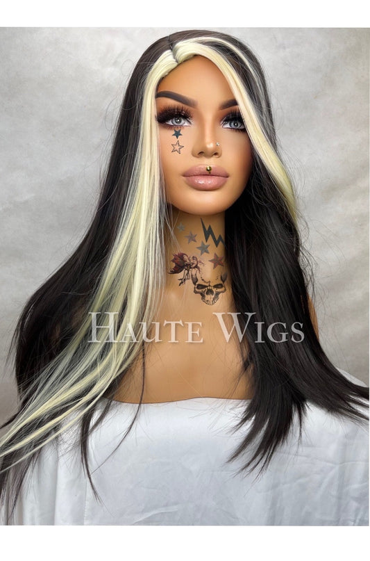 Getaway 22 inch Dark Brown Black & Blonde Money Piece Wig Streaks Highlights Hair emo Gift for her goth Role Play or Everyday Haute wigs