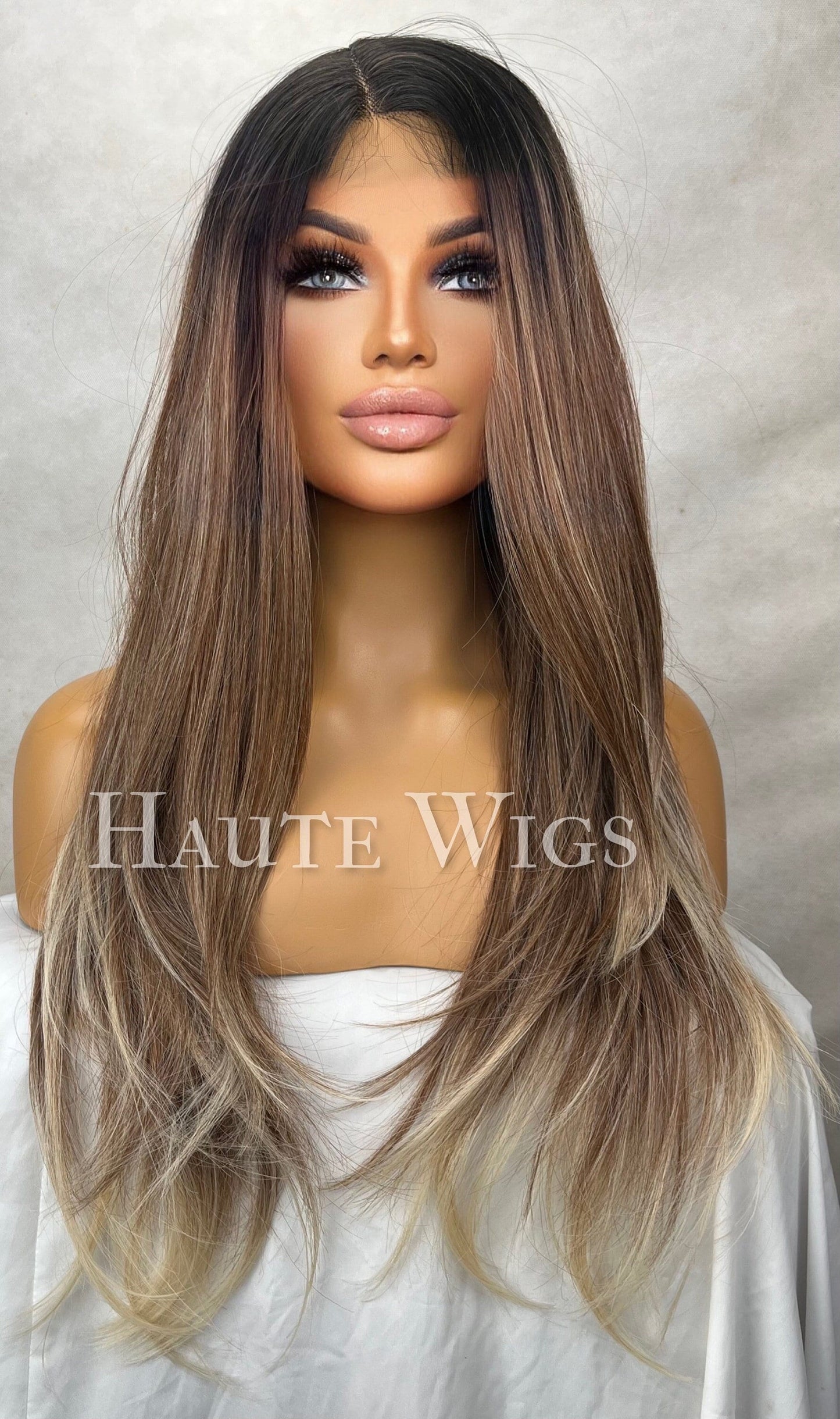 Flawlessly - Straight Layered Brunette Brown Wig Ash Blonde Highlights Hair Lace Front Straight Blonde Streaks Human Hair Blends