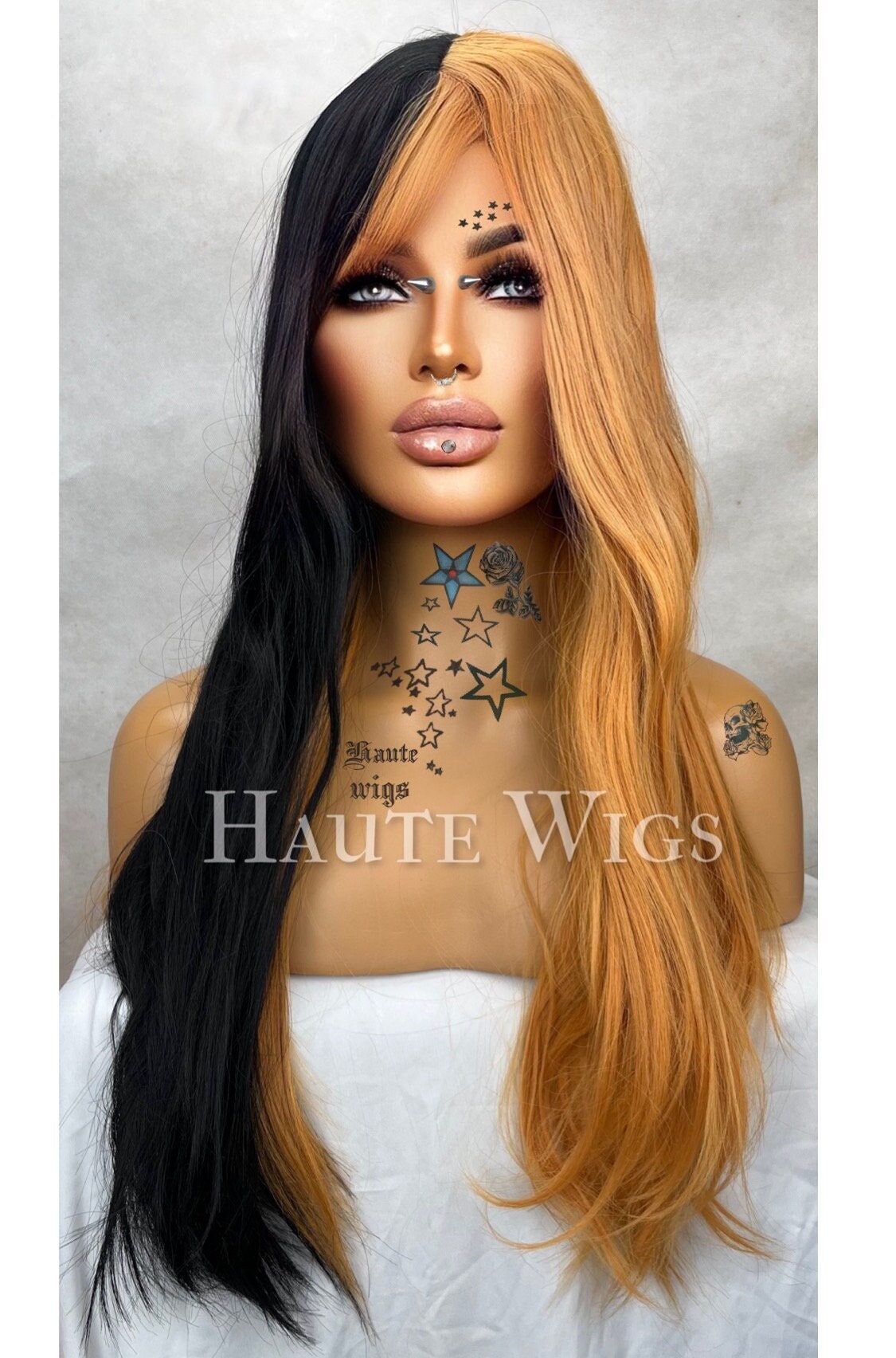 Straight And Narrow - 24 inch Half Black & Orange Wig unisex Hair Fringe Bangs Wavy gothic Gift for her Role Play Everyday Haute wigs goth