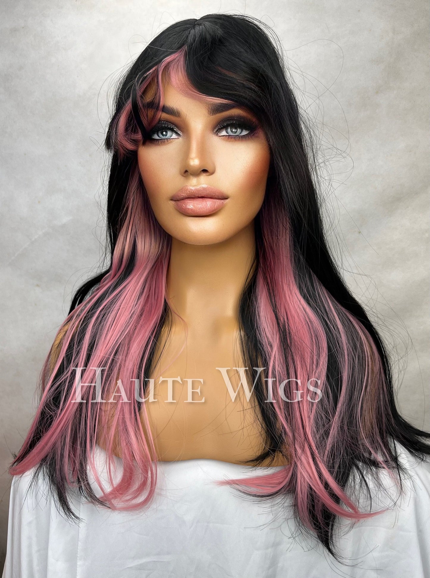 French Kiss - 24 inch Half Black & pink highlights Wig women’s Hair Fringe Bangs Wavy gothic Gift for her Role Play Everyday Haute wigs goth