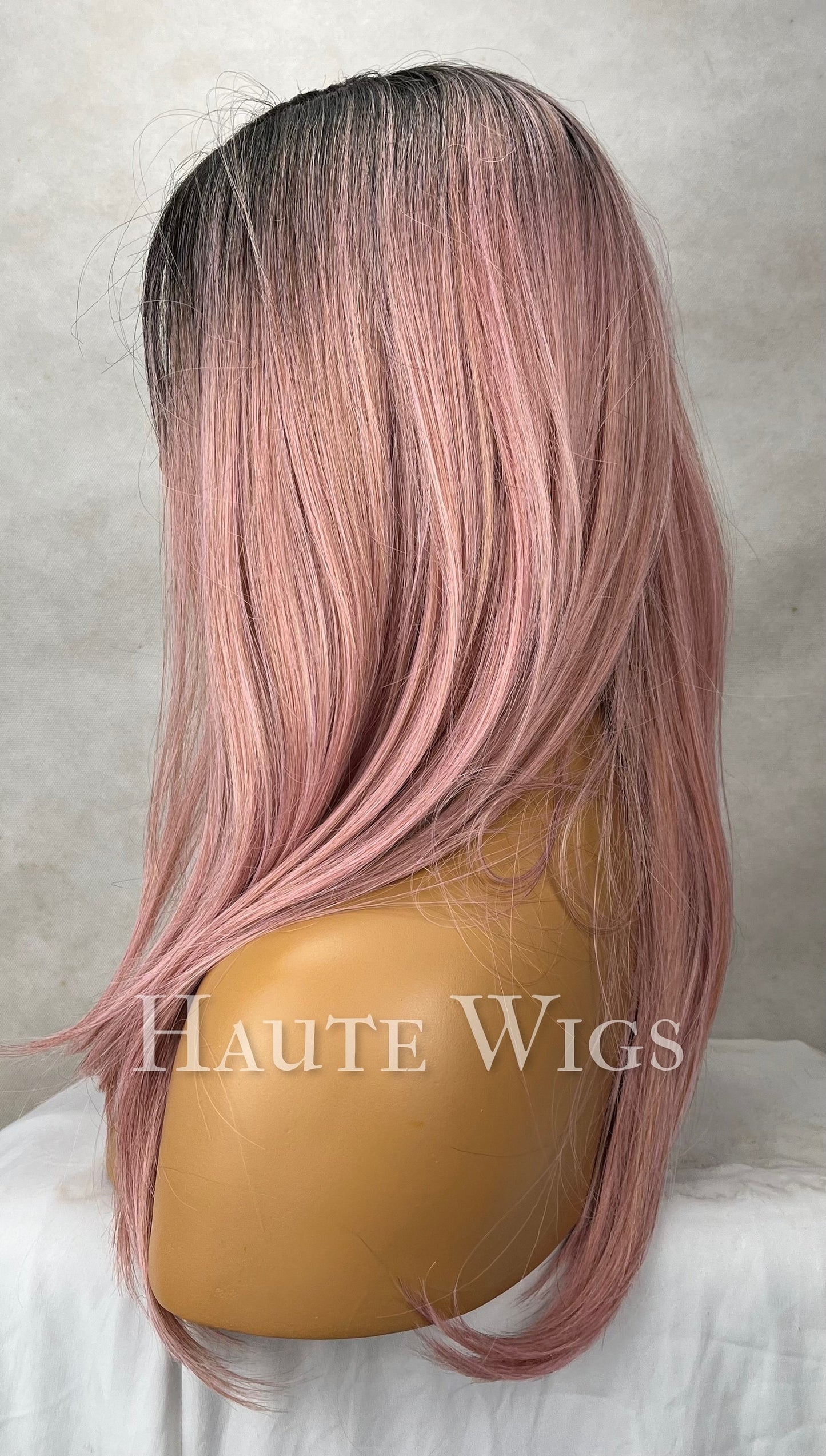 Fidelity - Ombre Light Pink Rose Gold Straight Wig Womens Layered Bangs Fringe Wigs Human Hair Mixed With Synthetic Pre cut Lace Front