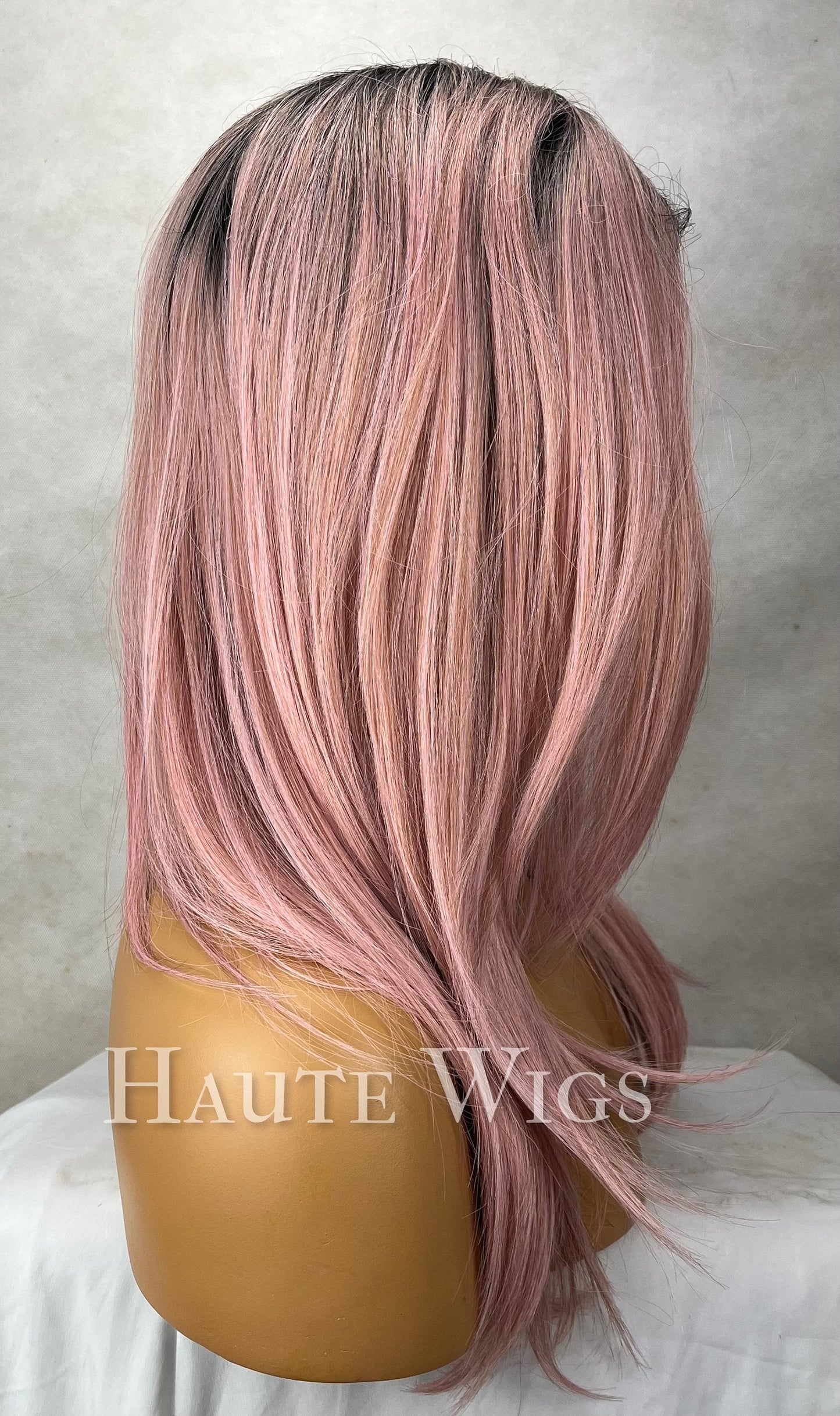 Fidelity - Ombre Light Pink Rose Gold Straight Wig Womens Layered Bangs Fringe Wigs Human Hair Mixed With Synthetic Pre cut Lace Front