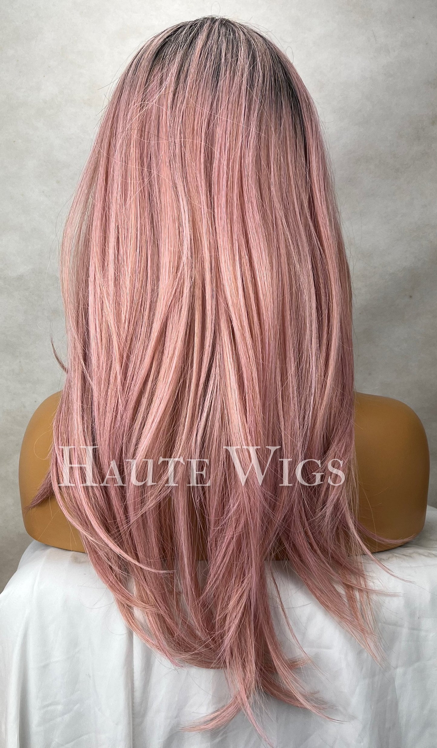 Fidelity - Ombre Light Pink Rose Gold Straight Wig Womens Layered Bangs Fringe Wigs Human Hair Mixed With Synthetic Pre cut Lace Front