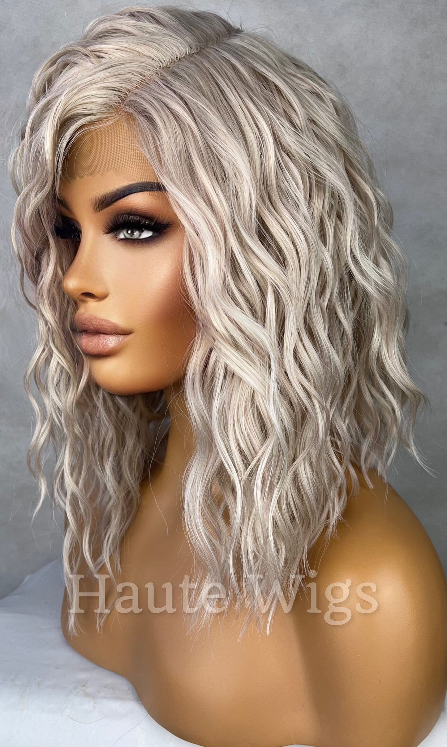 Striking - Wavy 14 inch BOB Platinum White Silver Ash Blonde Wig Side Parting Womens HD Lace Front Realistic Human Hair Blend Ladies Gift