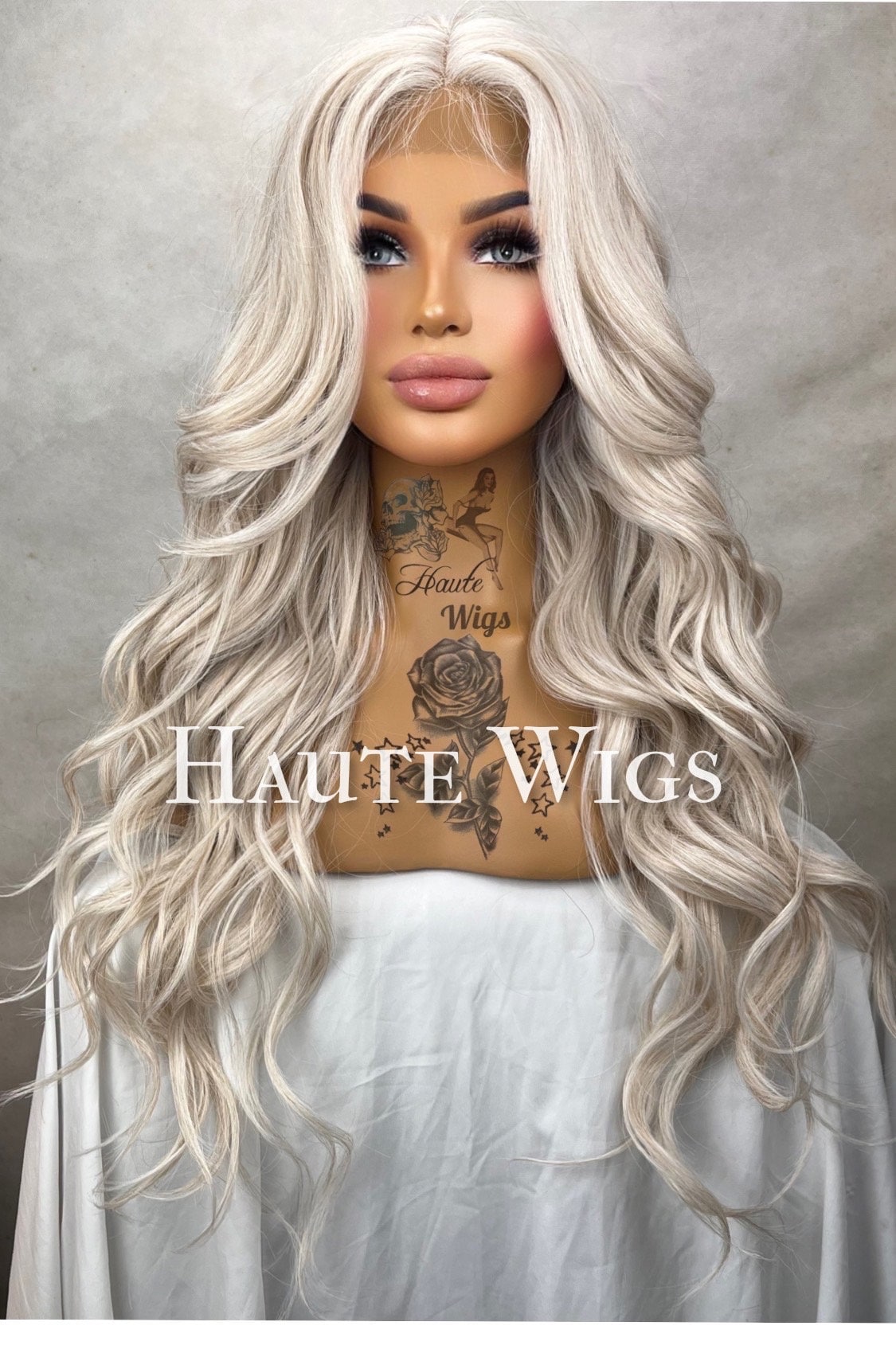 Legendary - Wavy 26 inch Platinum White Silver Ash Blonde Wig Center Parting Womens HD Lace Front Realistic Human Hair Blend Ladies Gift