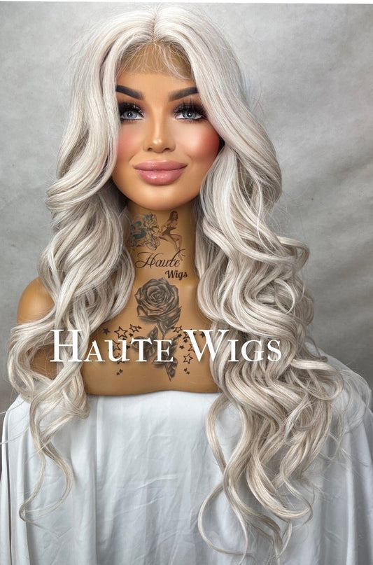 Legendary - Wavy 26 inch Platinum White Silver Ash Blonde Wig Center Parting Womens HD Lace Front Realistic Human Hair Blend Ladies Gift