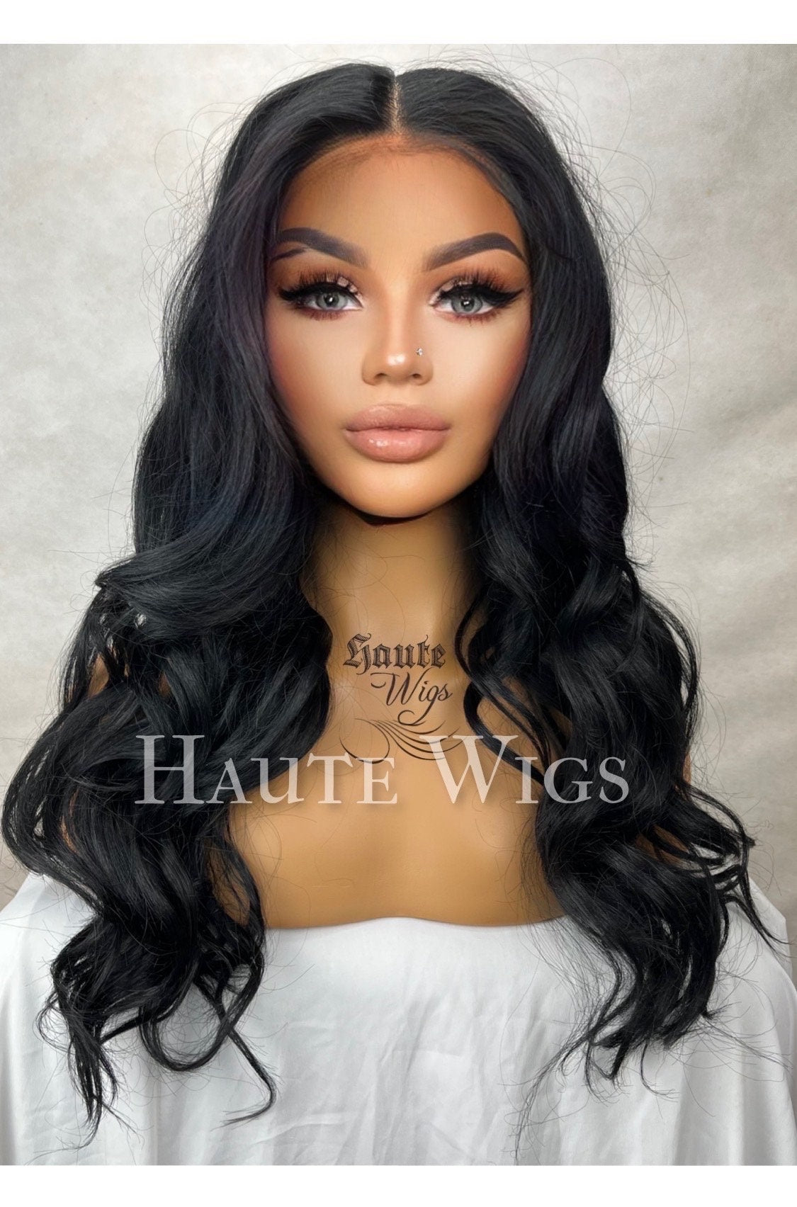 Free Part 26 Inch Jet Black Curly Wavy Water Waves Wig Swiss Lace Front Perm Human Hair Blends Gift For Her Realistic Ladies Womens Wig