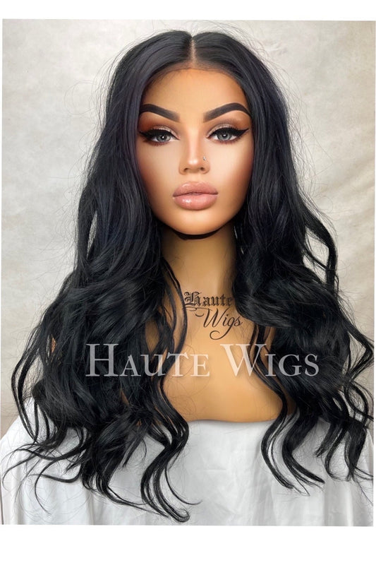 Free Part 26 Inch Jet Black Curly Wavy Water Waves Wig Swiss Lace Front Perm Human Hair Blends Gift For Her Realistic Ladies Womens Wig