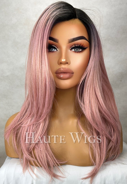 Fidelity - Ombre Light Pink Rose Gold Straight Wig Womens Layered Bangs Fringe Wigs Human Hair Mixed With Synthetic Pre cut Lace Front