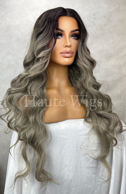 Pimlico - Ash Platinum silver Blonde Ombré 24 Inch Long Wig Wavy NO Lace Womens Wig Eye Catching Gift for her haute wigs