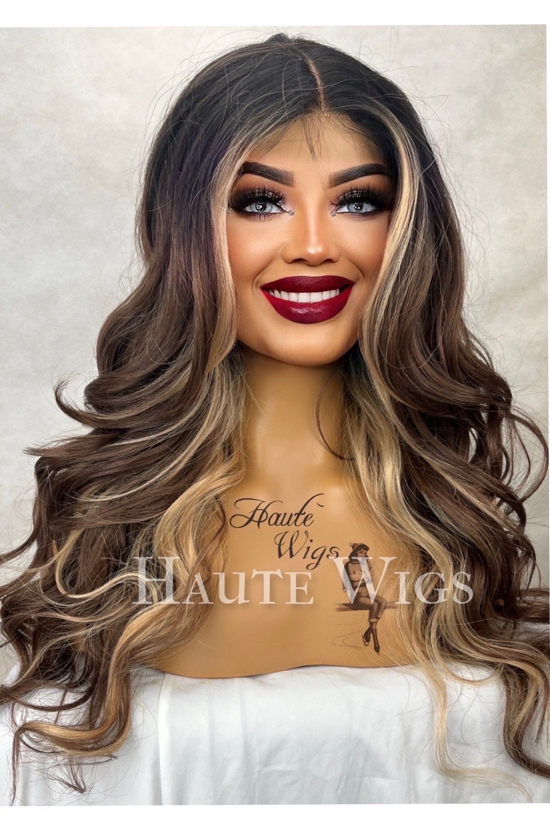 Epic - 30 Inch Long Womens Wig Dark Brown With Blonde Highlights Streaks Balayage Curly Lace Front Wavy Human Hair Blends Haute Wigs