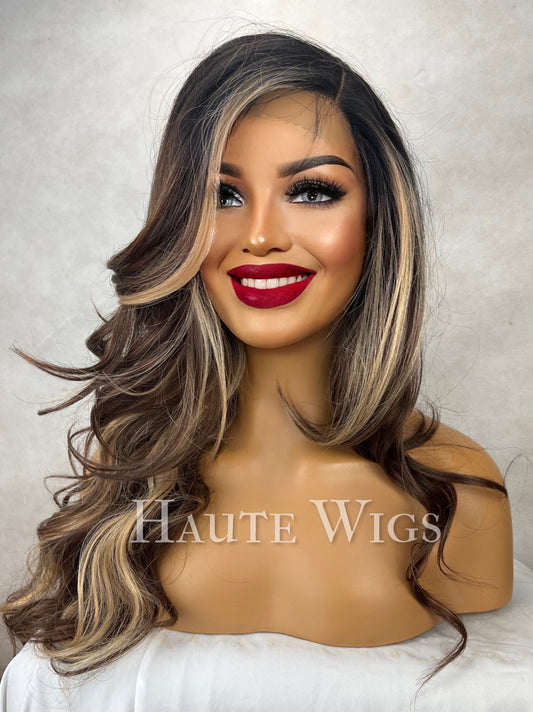 Epic - 30 Inch Long Womens Wig Dark Brown With Blonde Highlights Streaks Balayage Curly Lace Front Wavy Human Hair Blends Haute Wigs