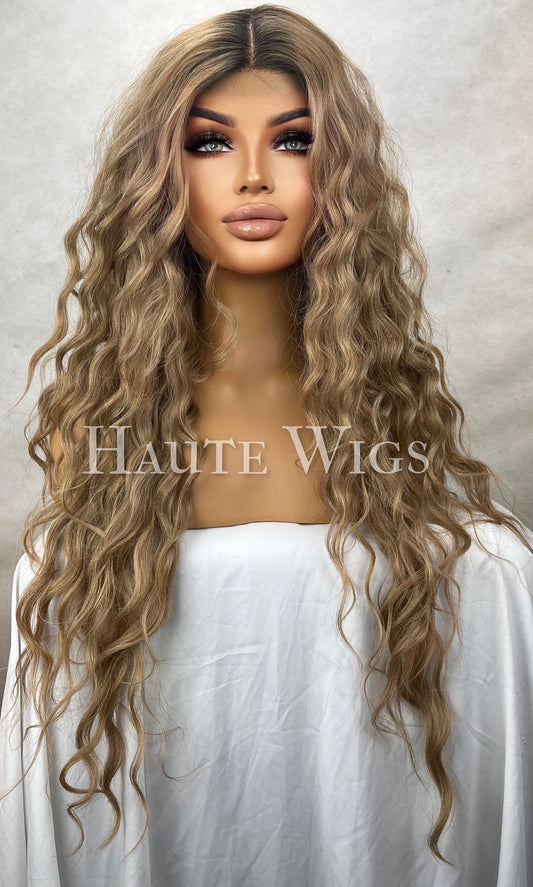 Butterscotch - Honey Blonde Brown Ombré Curly Wavy Water Waves Wig Lace Front Perm Human Hair Blends Gift For Her Realistic Ladies Women