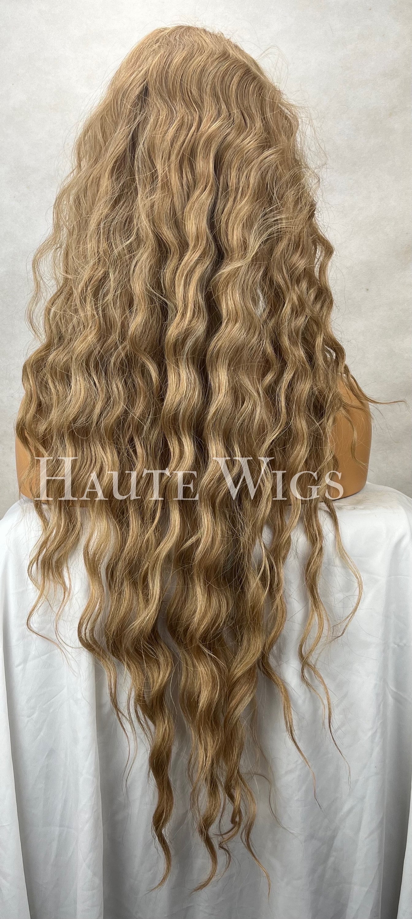 Butterscotch - Honey Blonde Brown Ombré Curly Wavy Water Waves Wig Lace Front Perm Human Hair Blends Gift For Her Realistic Ladies Women