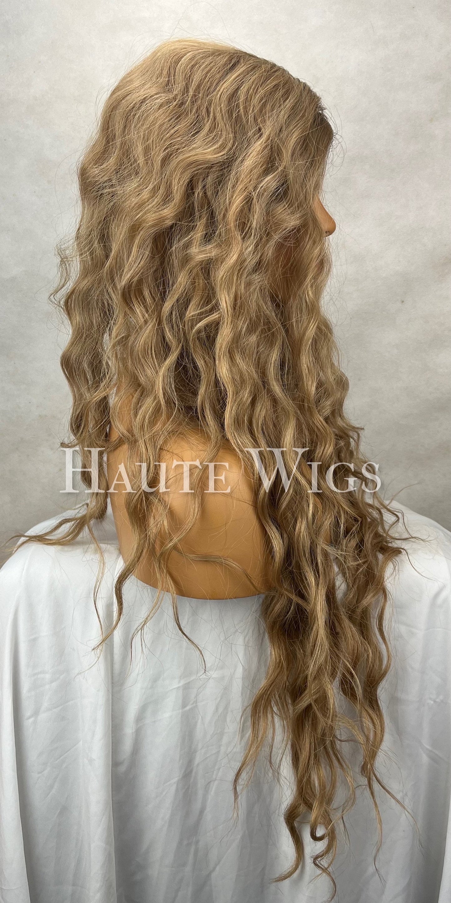 Butterscotch - Honey Blonde Brown Ombré Curly Wavy Water Waves Wig Lace Front Perm Human Hair Blends Gift For Her Realistic Ladies Women