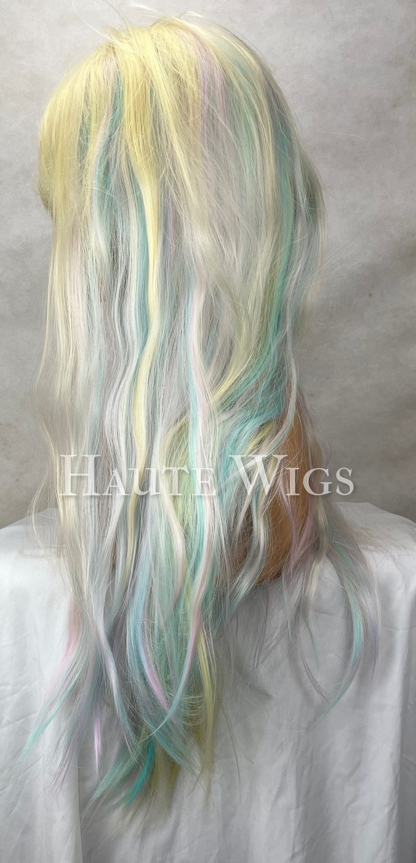 Fairytale -24 inch rainbow pastel Blonde Wig Streaks highlights Hair Fringe Bangs sexy Gift for Role Play Emo goth Everyday Haute wigs