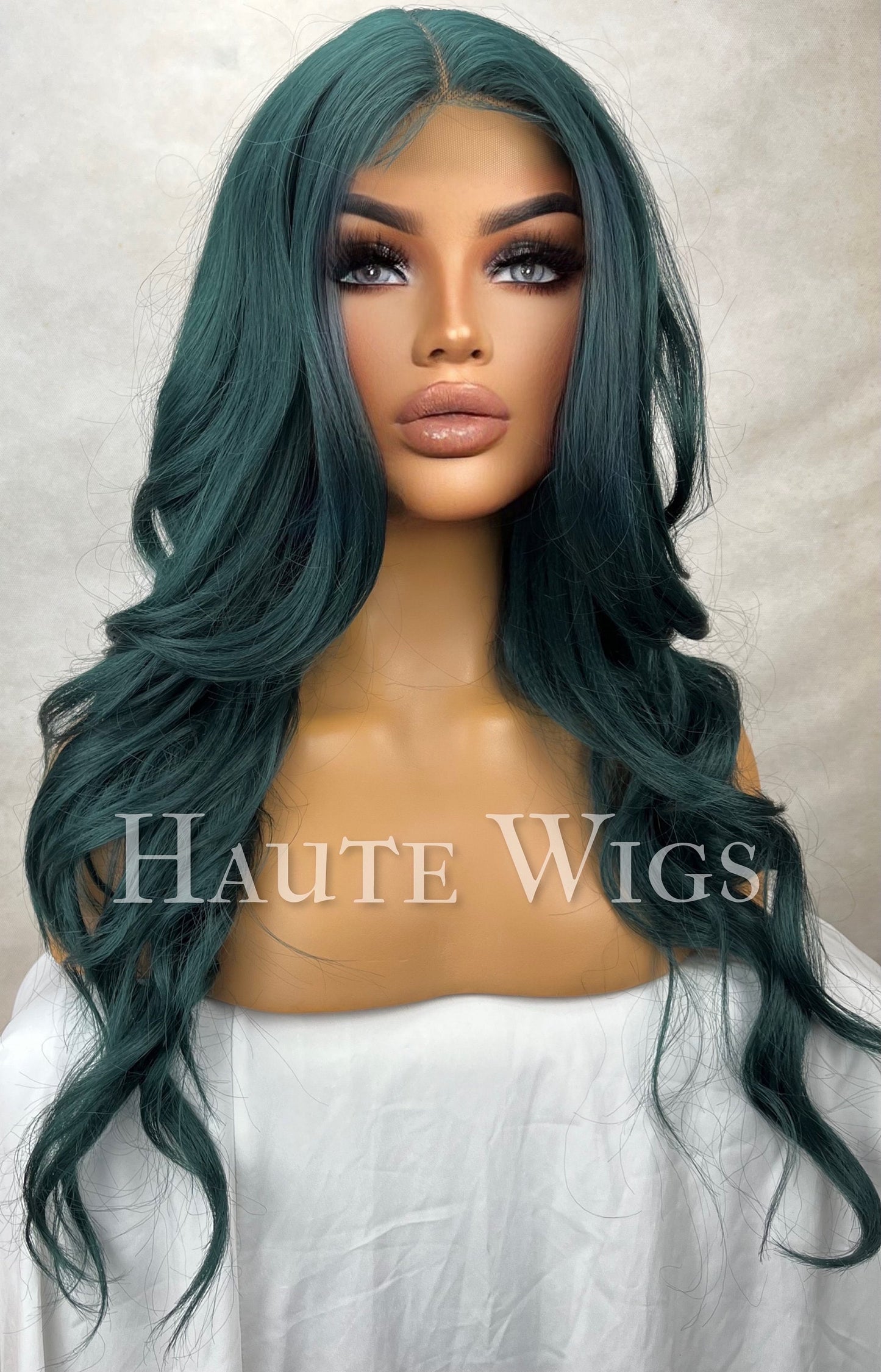 Emerald Rose -  24" Long Dark Green Wavy Wig Womens Ladies Curly Lace Front Human Hair Blend Wigs centre Parting Haute Wigs gift for her