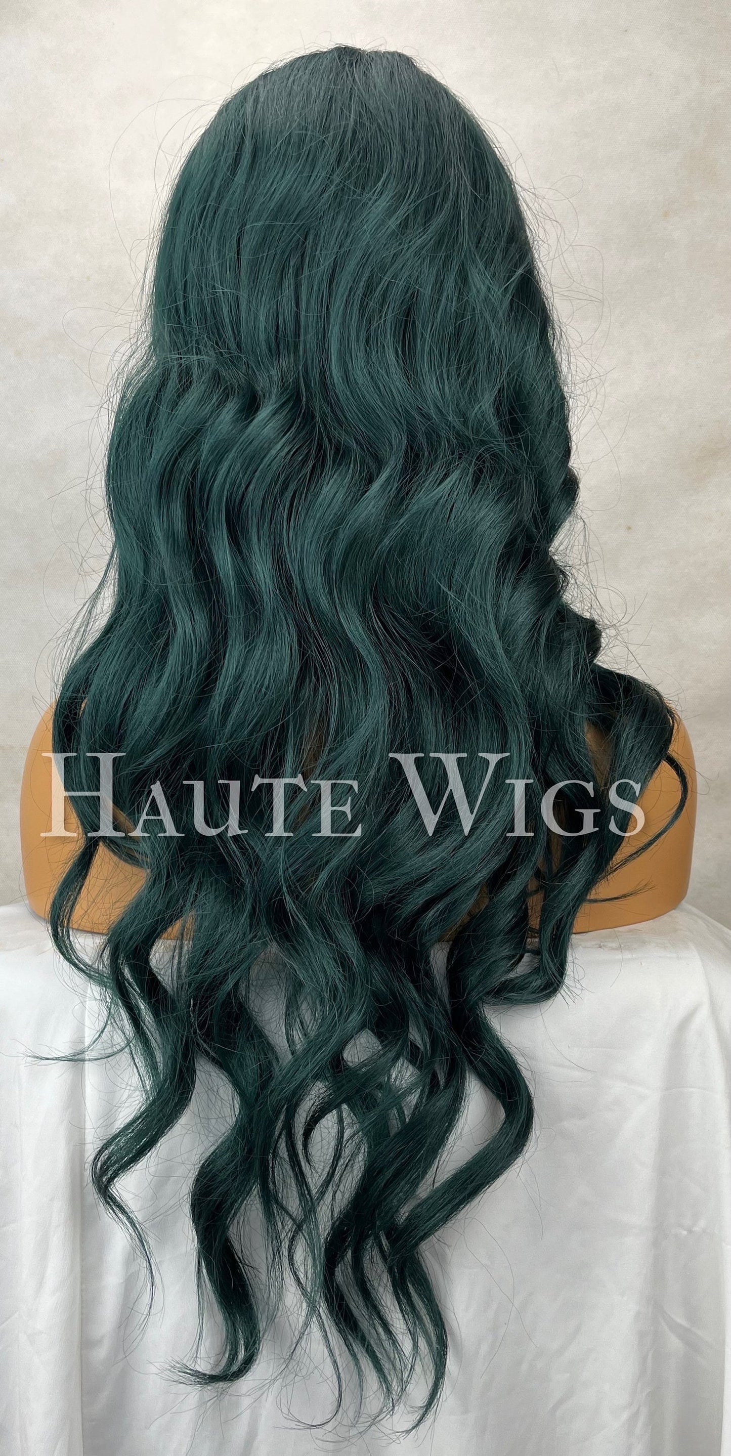 Emerald Rose -  24" Long Dark Green Wavy Wig Womens Ladies Curly Lace Front Human Hair Blend Wigs centre Parting Haute Wigs gift for her