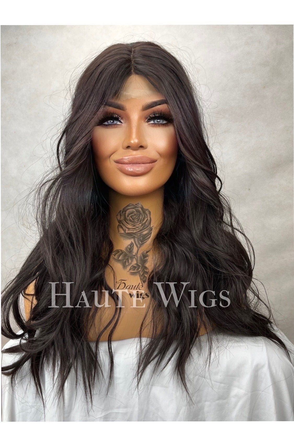 Surrender - Darkest Brown Brunette Lace front Wig Long Layered 24 inch Silky Wavy Curly Ladies Womens Wigs no ombré Haute wigs Gift