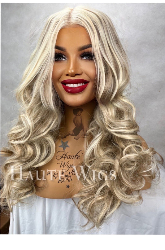 Strip Down - Wavy curly 24 inch Light Blonde Wig Streaks Highlights ombré Womens Long Wig Lace Front Realistic Christina aguilera inspired