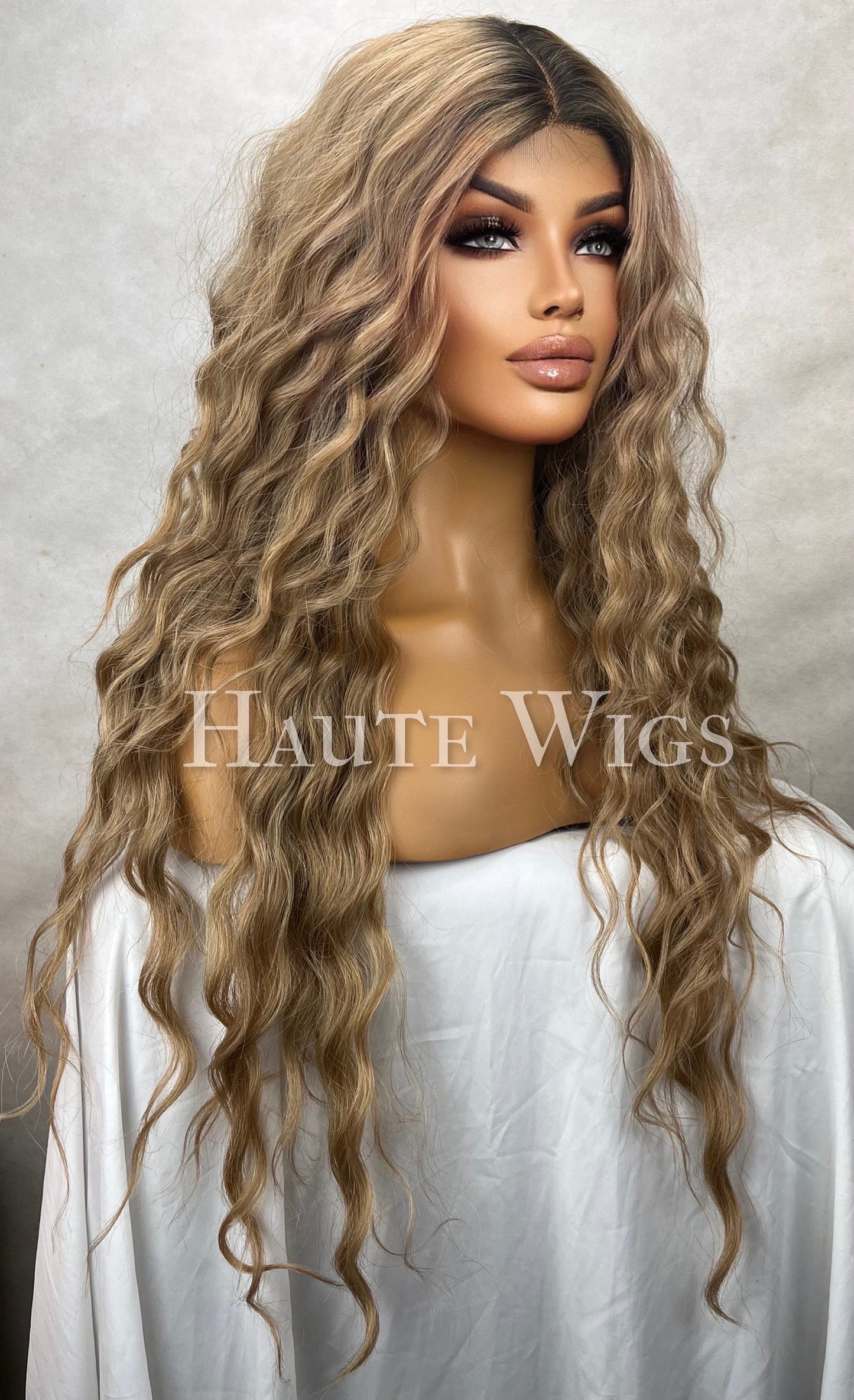 Butterscotch - Honey Blonde Brown Ombré Curly Wavy Water Waves Wig Lace Front Perm Human Hair Blends Gift For Her Realistic Ladies Women