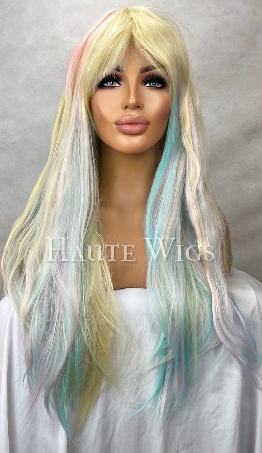 Fairytale -24 inch rainbow pastel Blonde Wig Streaks highlights Hair Fringe Bangs sexy Gift for Role Play Emo goth Everyday Haute wigs