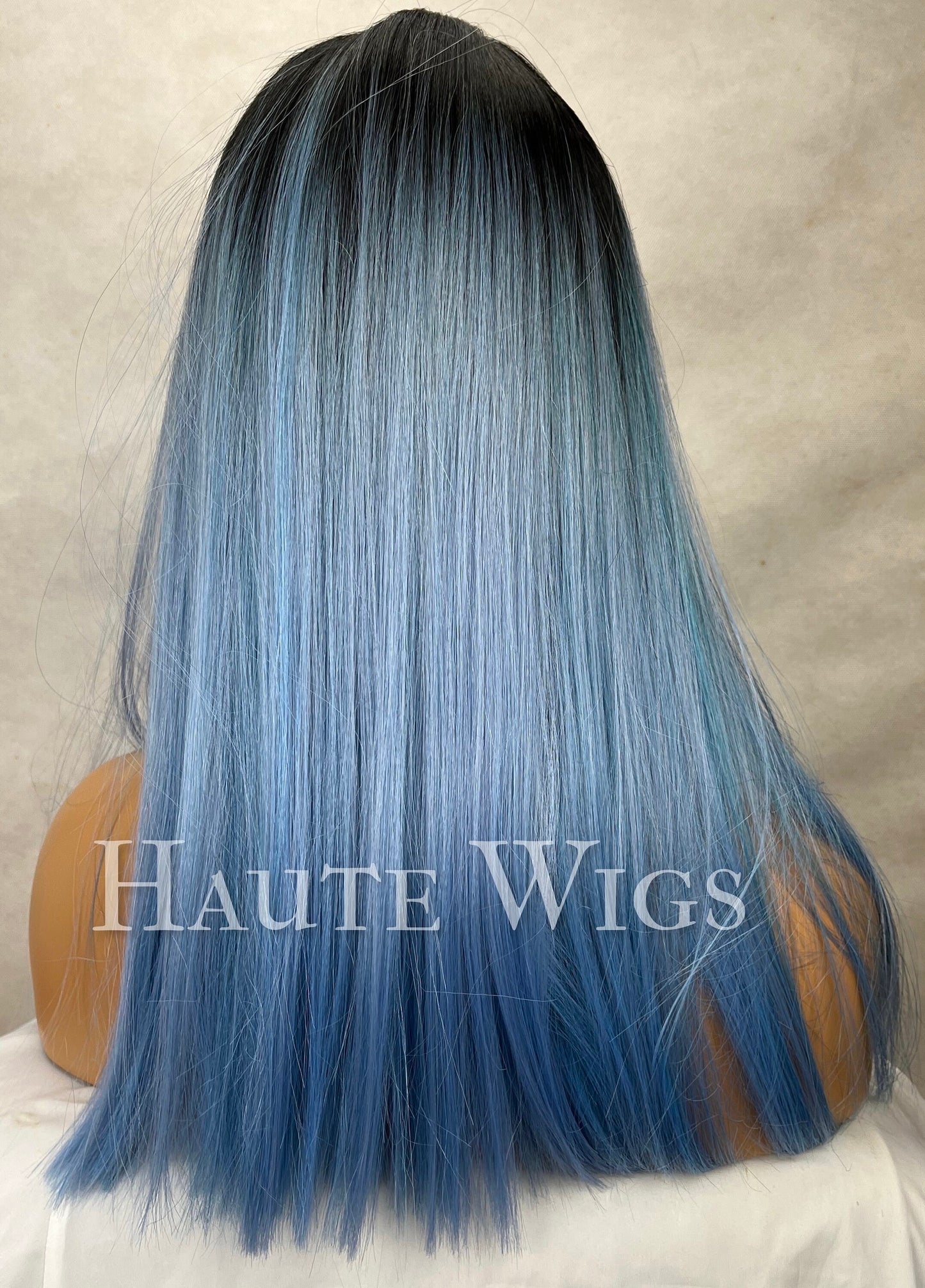 Berlin sky - 16 Inch Blue Ombre RARE Bangs Fringe Wig No Lace Front Long straight Wig Ladies Eye Catching haute wigs womens