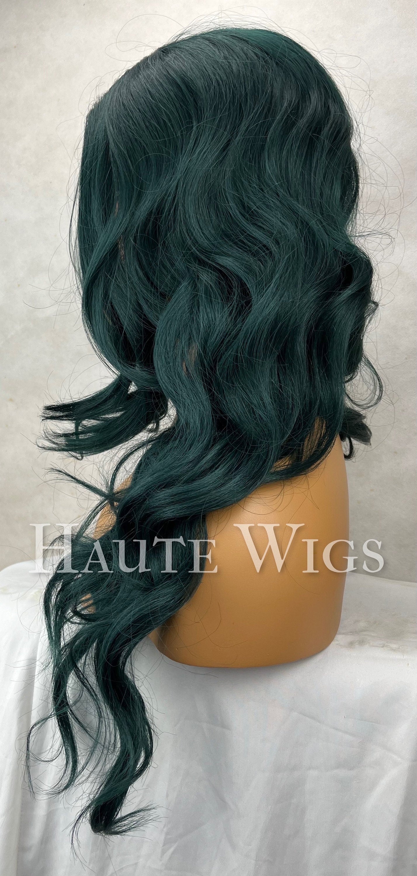 Emerald Rose -  24" Long Dark Green Wavy Wig Womens Ladies Curly Lace Front Human Hair Blend Wigs centre Parting Haute Wigs gift for her