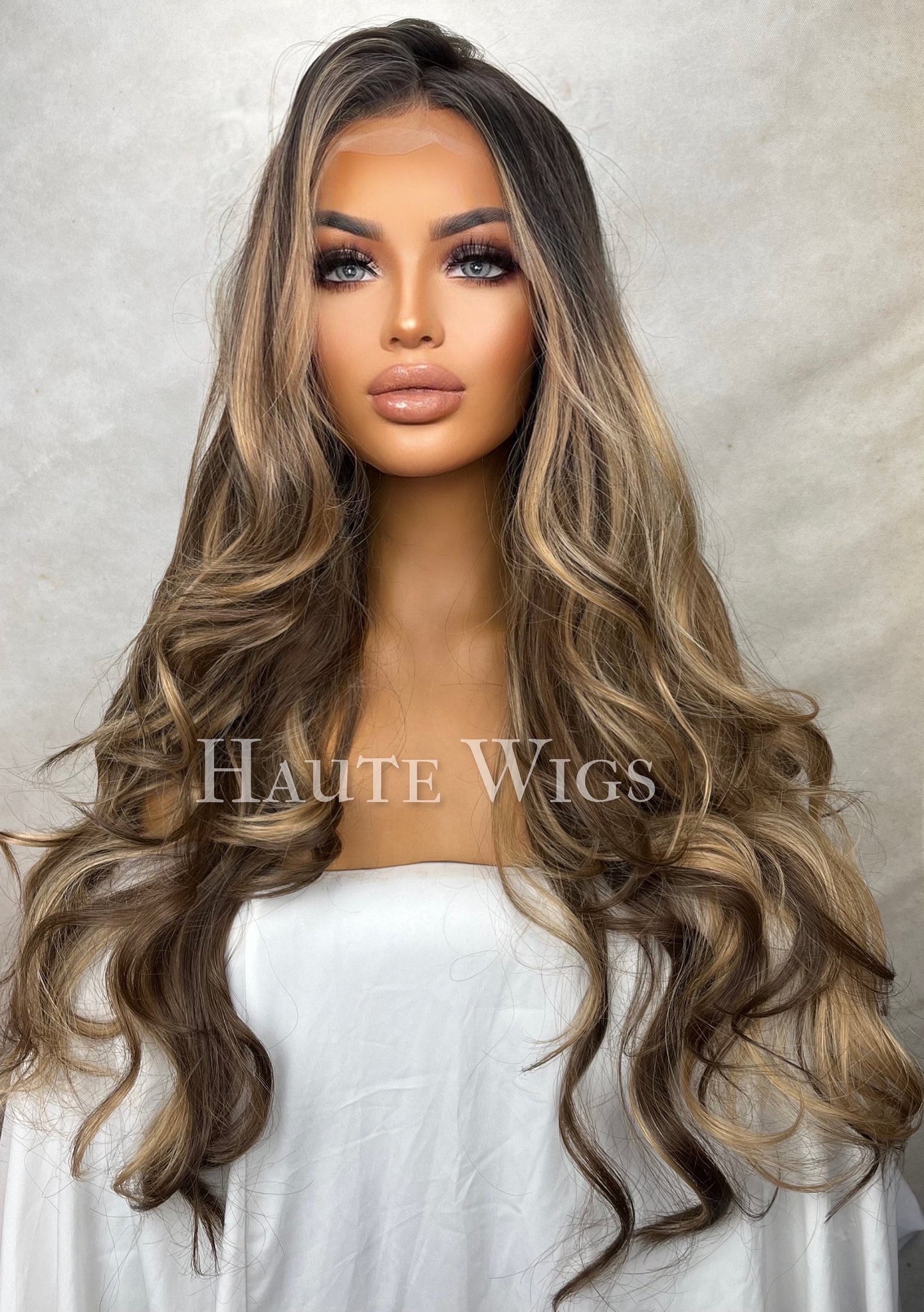 Free Part BROWN Brunette Wig With blonde Highlights Lowlights Streaks Long Straight Womens Wig Human Hair Blends Lace Front Realistic