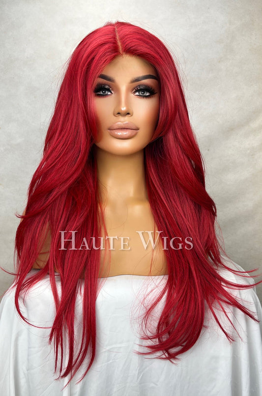 Cherry Cowgirl - 26 Inch Bright Red Wig Long Straight layered Womens Wig Human Hair Blends Lace Front Wigs Center Parting Realistic