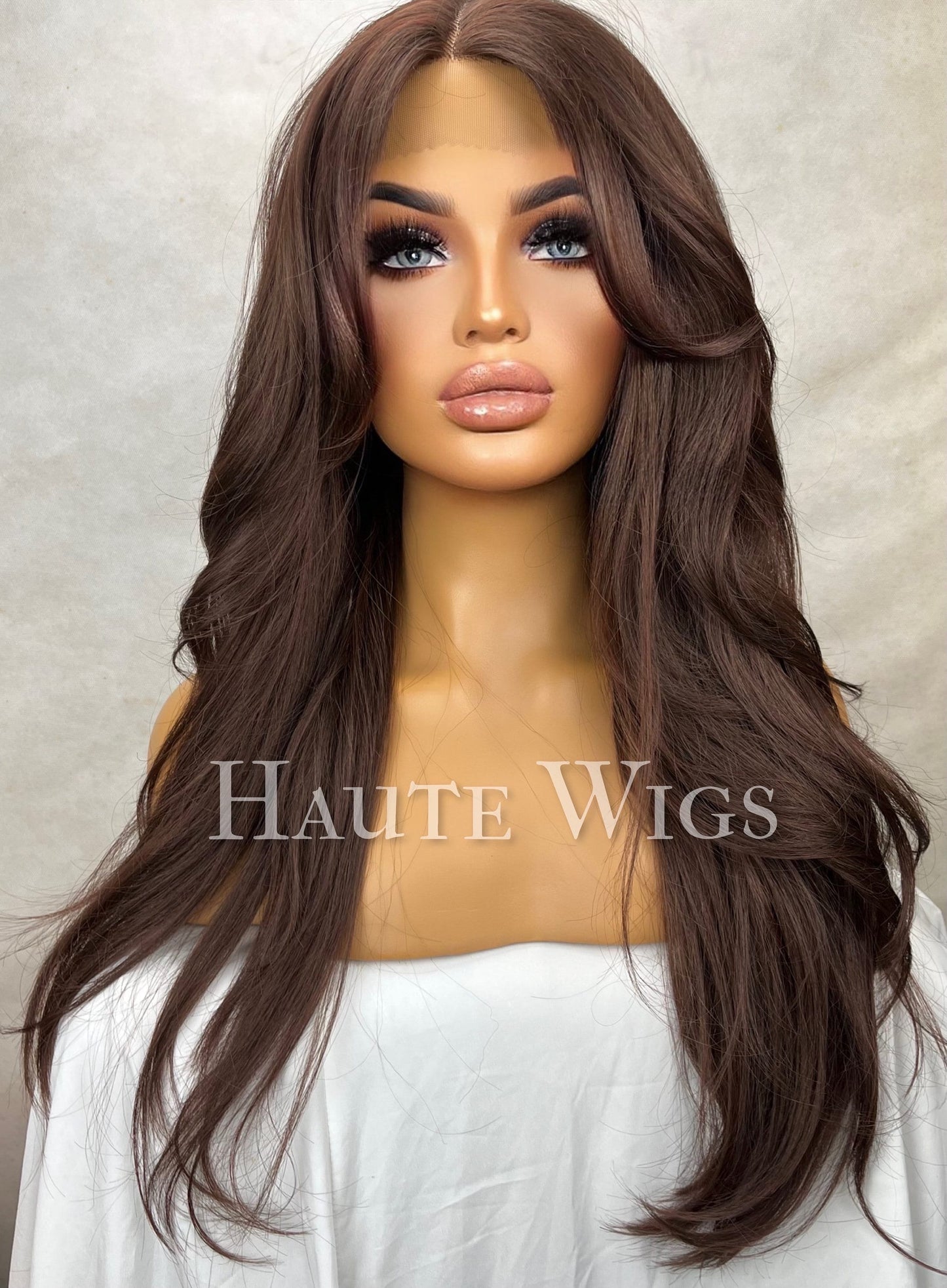 Haute - 90s Inspired Layered Hair Wig Dark warm Brown Red tones With side Bangs / Fringe Straight Lace Front human Wigs Gift for her