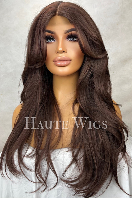 Haute - 90s Inspired Layered Hair Wig Dark warm Brown Red tones With side Bangs / Fringe Straight Lace Front human Wigs Gift for her