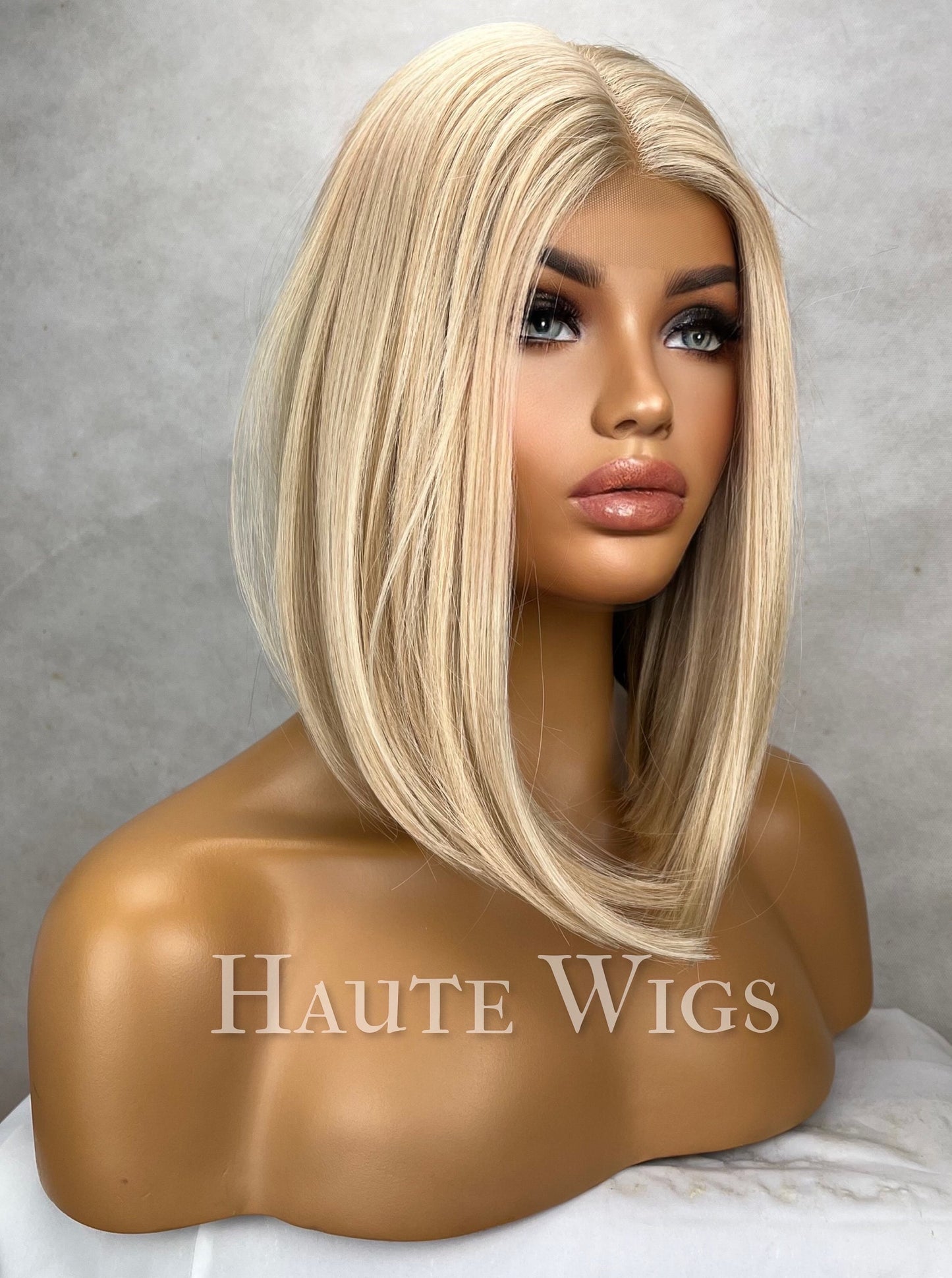 Supreme - Blonde Balayage Highlights BOB streaks 14 inch Wig Straight Center Parting Low Density Lace Front Haute wigs gift for her