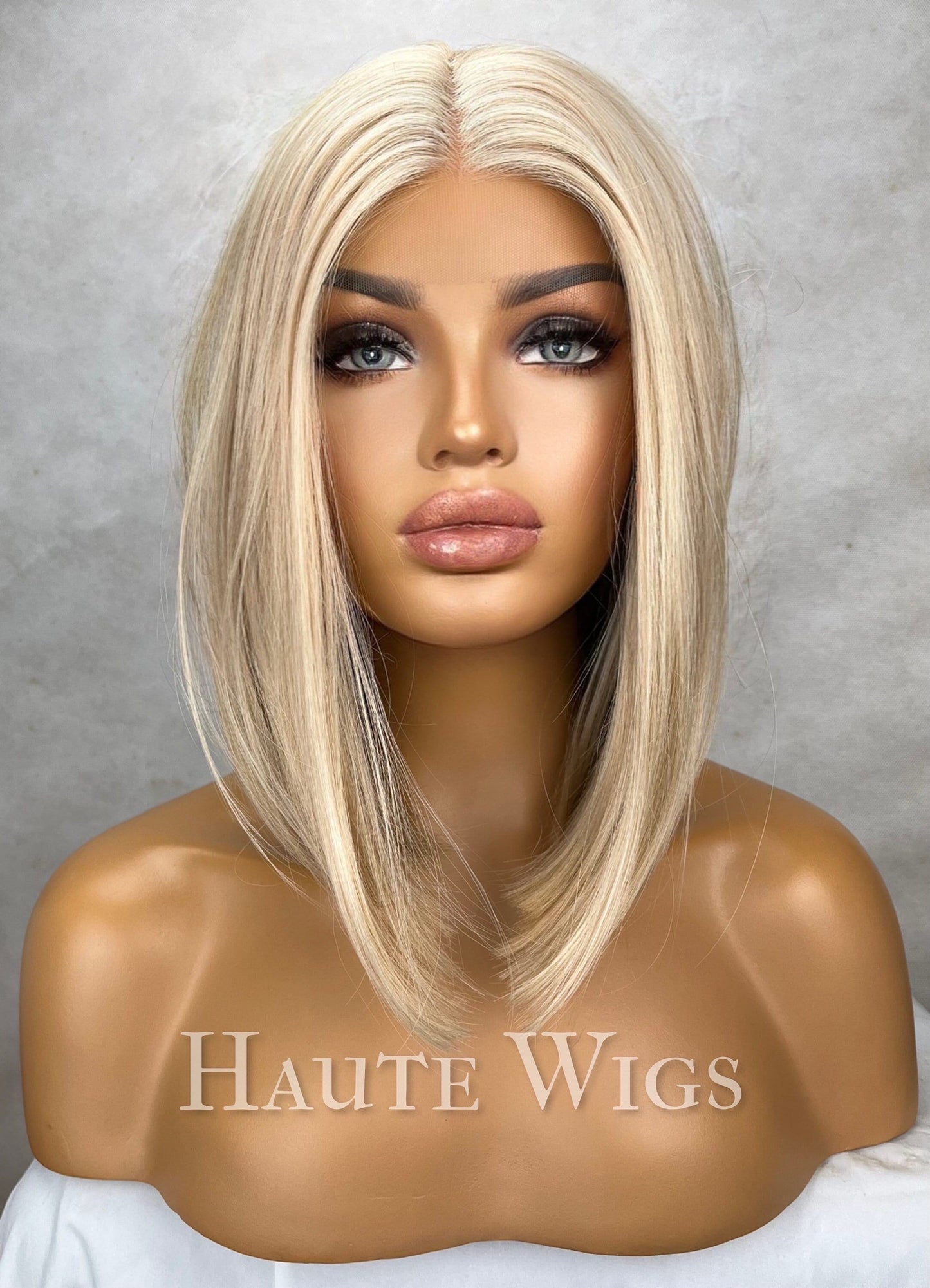 Supreme - Blonde Balayage Highlights BOB streaks 14 inch Wig Straight Center Parting Low Density Lace Front Haute wigs gift for her