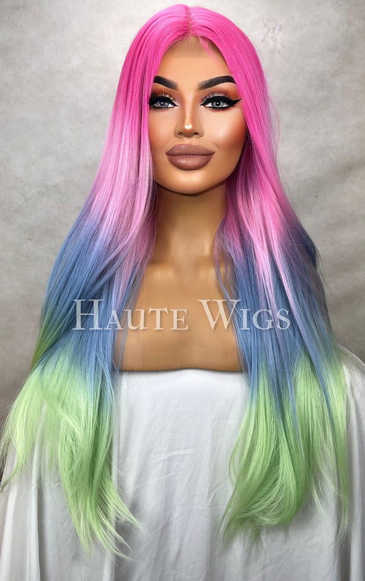 Notting Hill - 32 Inch Bright Pink Green Blue ombré gradient streaks Wig Lace Front, straight neon Ladies gift for her