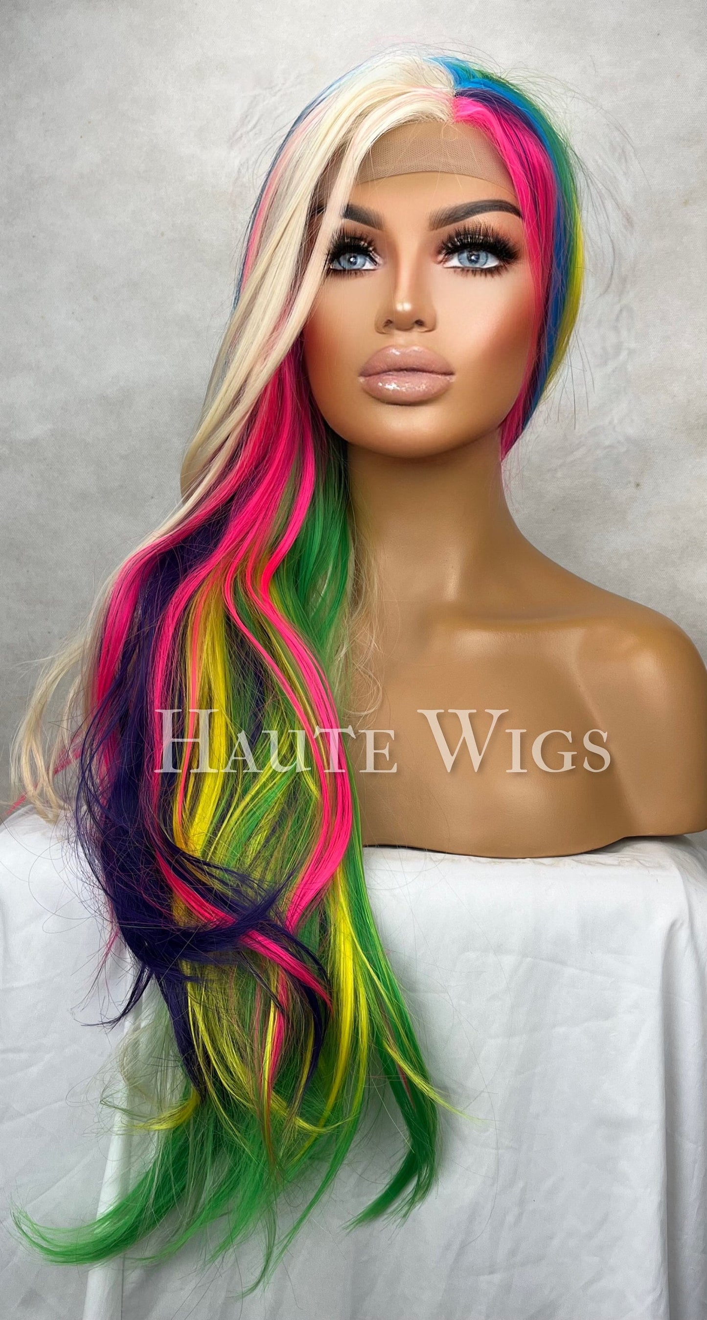 Psychedelic Barbie - Lace front 34 Inch Bright Green Blue Pink Blonde streaks Wig haute straight Wigs Ladies