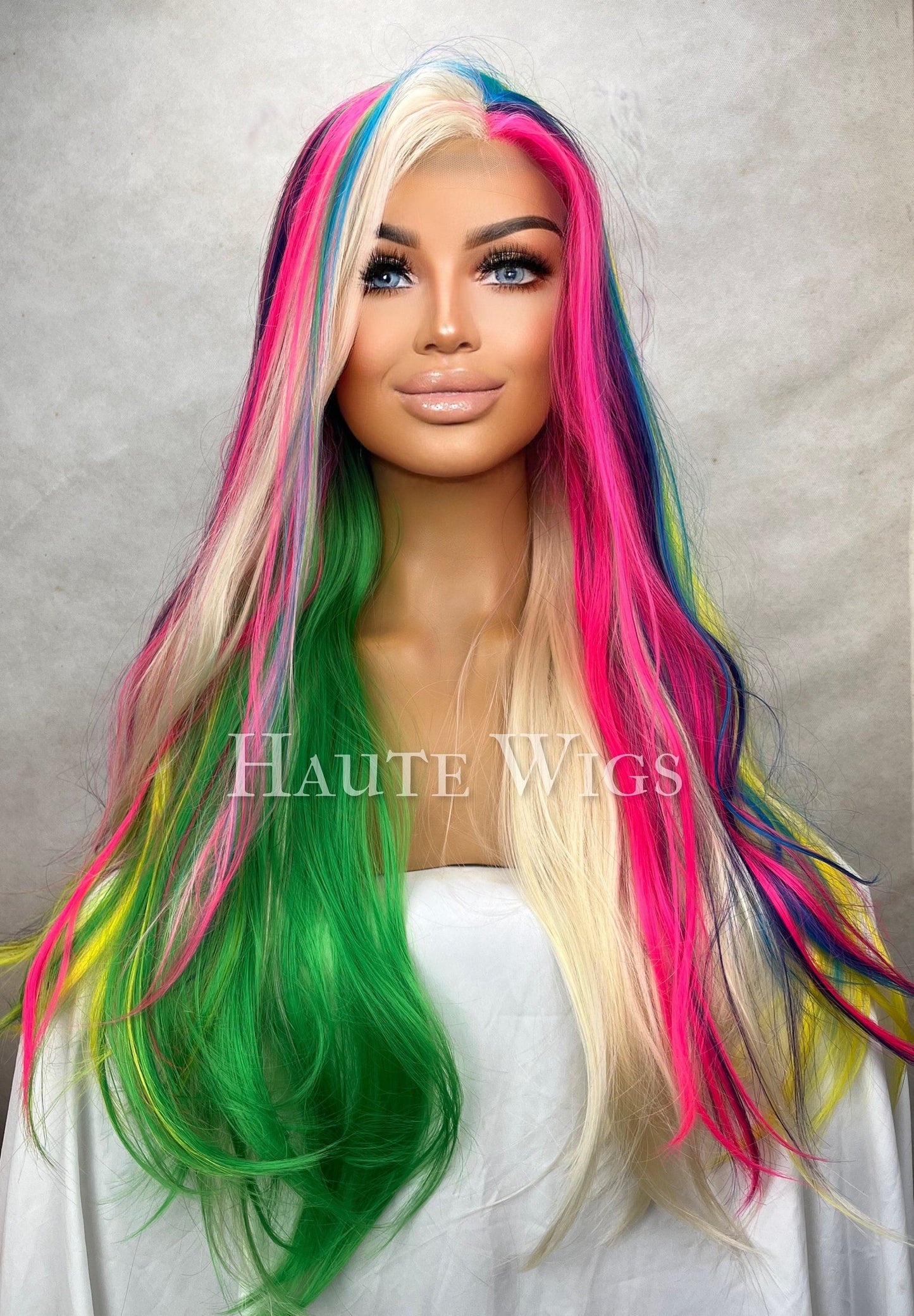 Psychedelic Barbie - Lace front 34 Inch Bright Green Blue Pink Blonde streaks Wig haute straight Wigs Ladies
