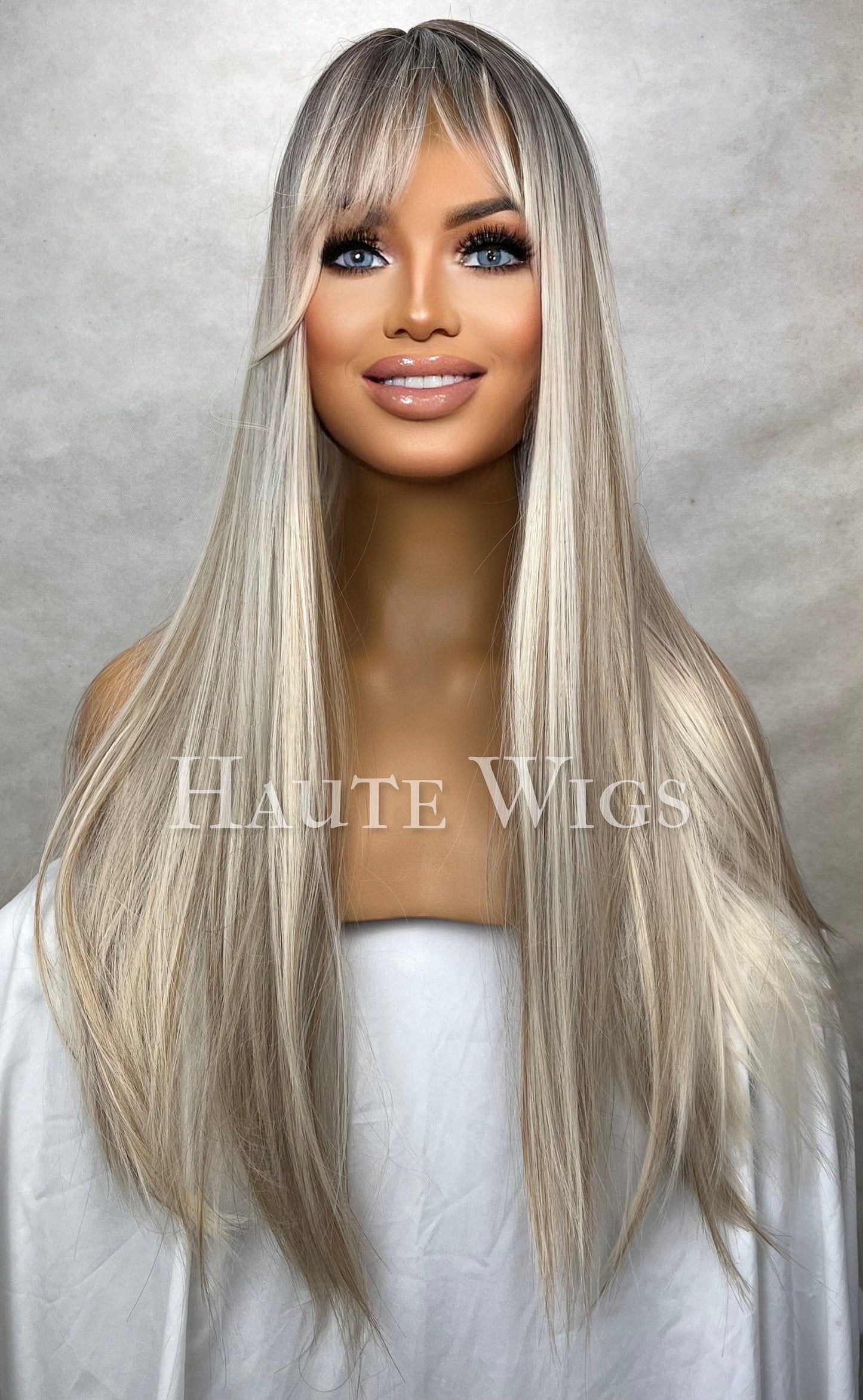 Crystal - Blonde With Dark Brown Roots Balayage Highlights 20 Inch Wig Straight Layered NO Lace Front bangs Wig Gift for her
