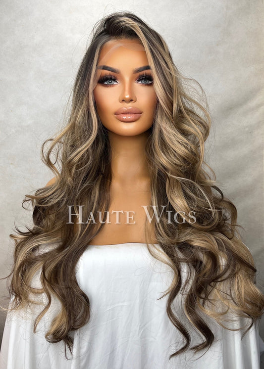 Free Part BROWN Brunette Wig With blonde Highlights Lowlights Streaks Long Straight Womens Wig Human Hair Blends Lace Front Realistic