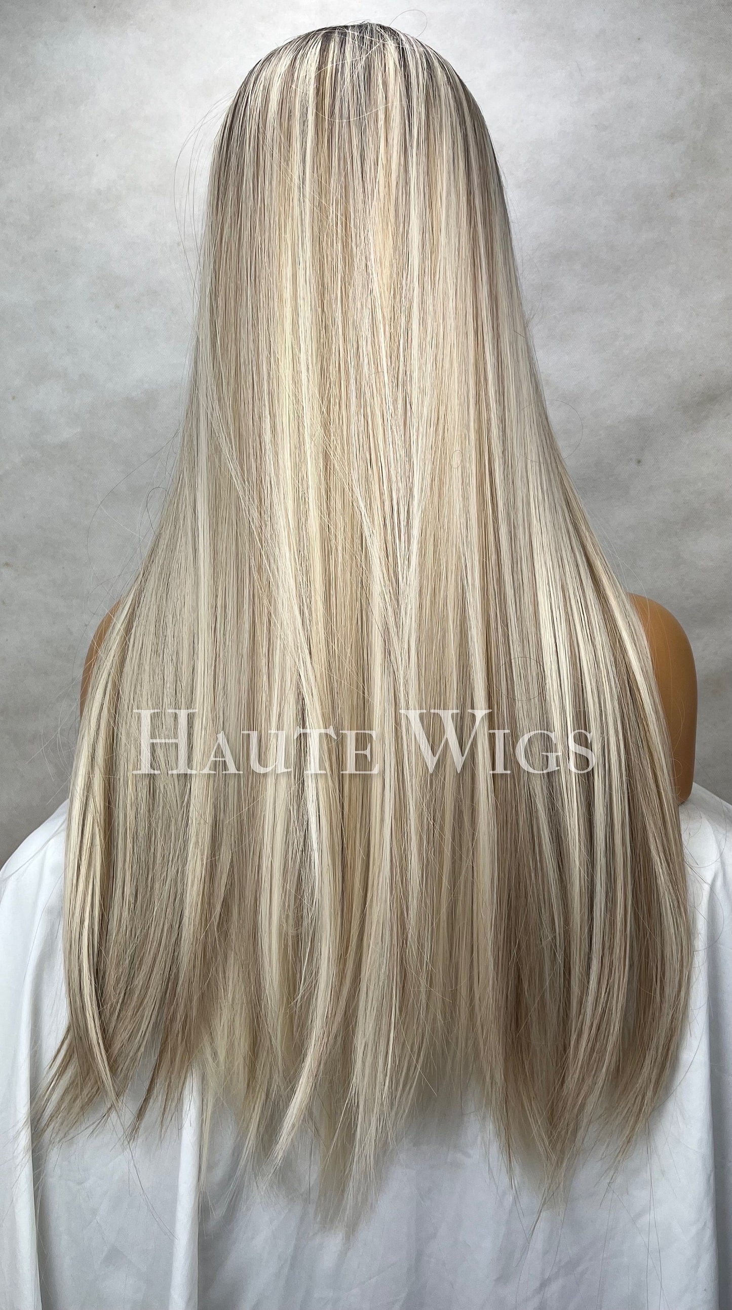 Crystal - Blonde With Dark Brown Roots Balayage Highlights 20 Inch Wig Straight Layered NO Lace Front bangs Wig Gift for her