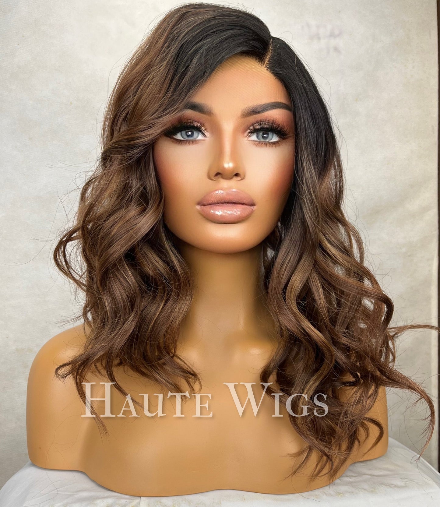 Natural Beauty - 14 inch Brunette Brown Wig Warm Highlights Hair Lace Front Wavy Human Hair synthetic Blends haute wigs gift for her