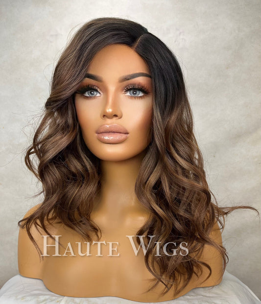 Natural Beauty - 14 inch Brunette Brown Wig Warm Highlights Hair Lace Front Wavy Human Hair synthetic Blends haute wigs gift for her