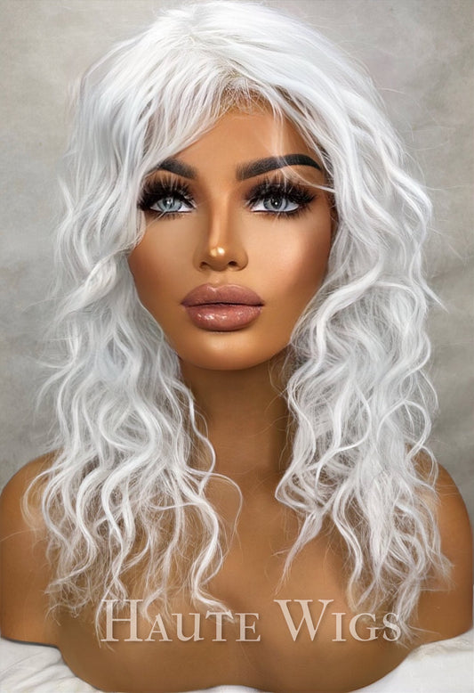 Ice - White Ashy Wavy Curly 14 Inches Wig Fringe Bangs Platinum Peroxide Blonde - costume play - gift for her - haute wigs